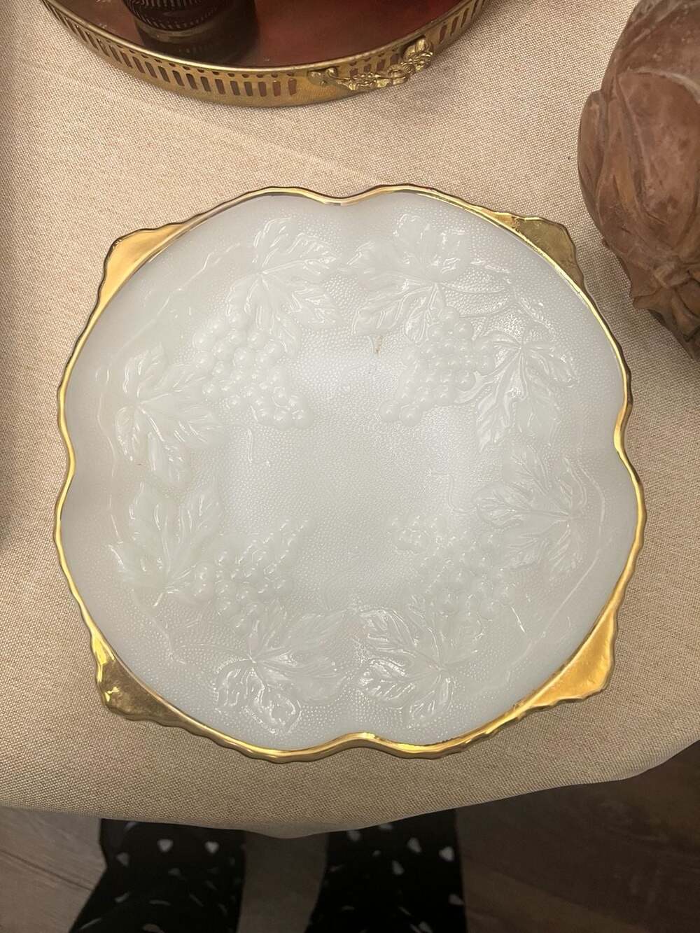 Milk Glass Vtg Anchor Hocking Square Serving Bowl Gold Trim